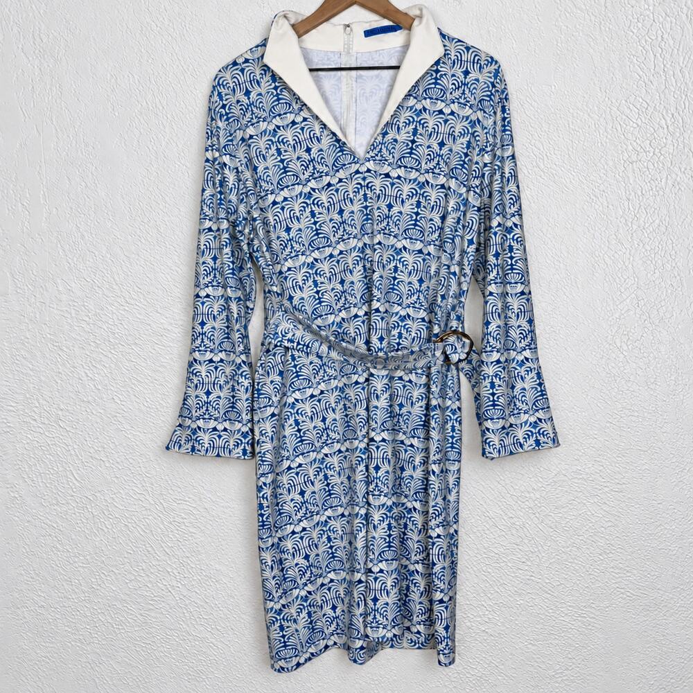 J. McLaughlin Blue White Geometric Print Belted Long Sleeve Dress Size XL